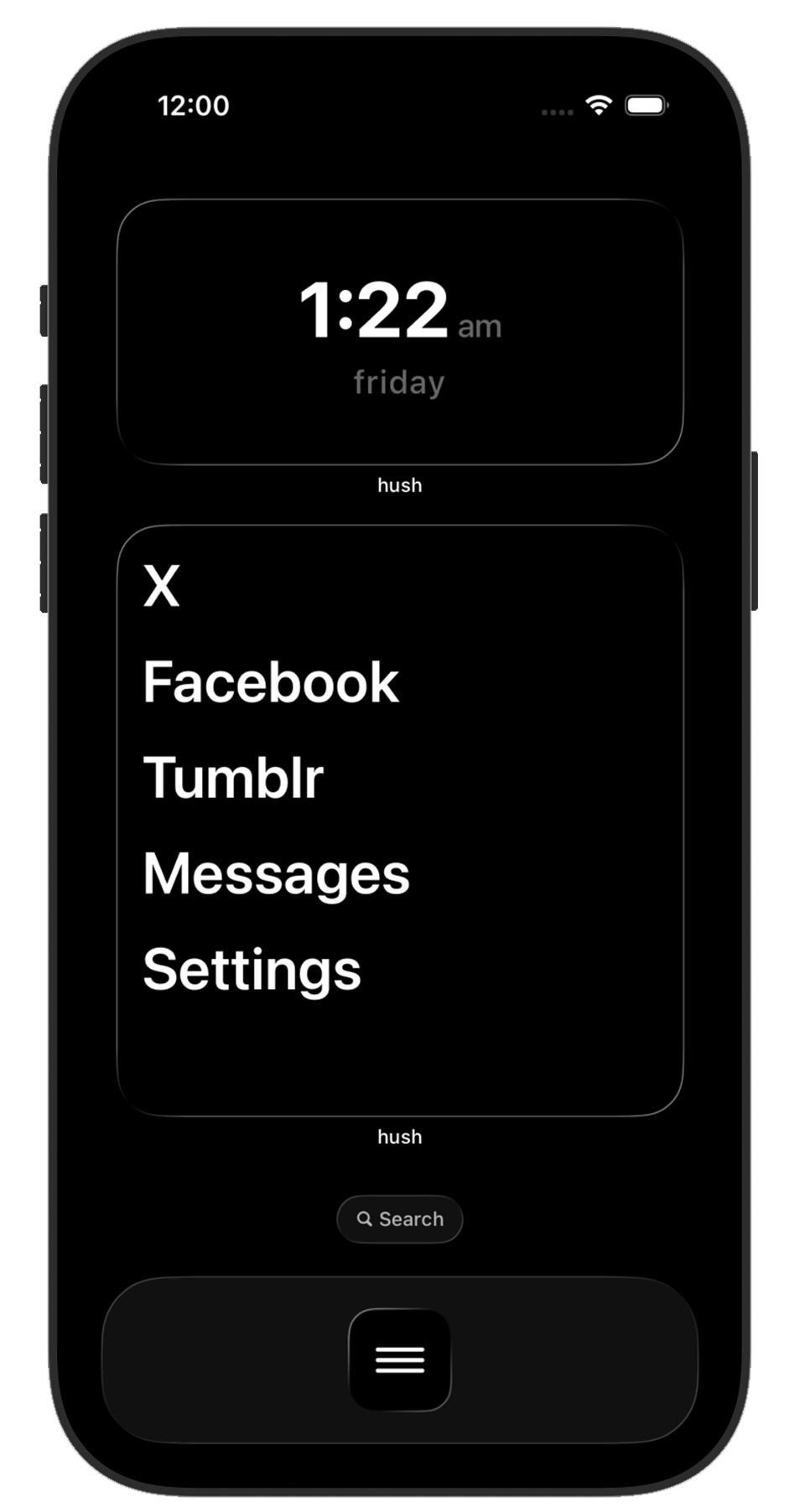 hush app on iPhone — minimal home screen with app list